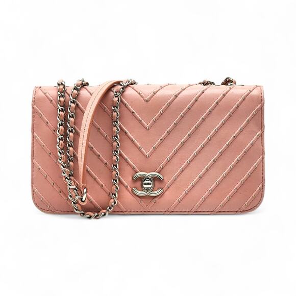 Chanel CC Clasp Medium Calf Leather Flap Bag Studded Chevron Pink - rare
